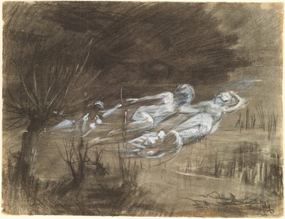 Frau, die in einem Fluss schwebt, begleitet von zwei weiblichen Geistern von Frederick Trapp Friis