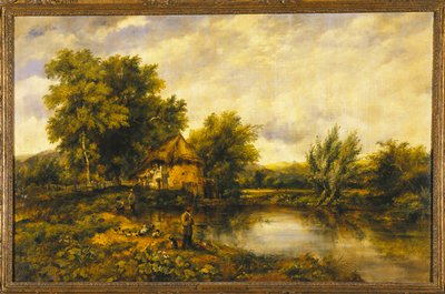 Eine Flusslandschaft mit einem Angler bei einer Mühle von Frederick Waters Watts