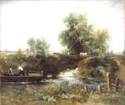 Fluss mit Pferden, die überqueren und Boot von Frederick Waters Watts