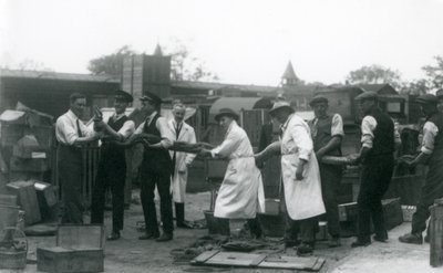 Ein 20 Fuß langer Python, der von elf Mitgliedern des Zoologischen Gesellschaftspersonals getragen wird, Londoner Zoo, Juni 1925 von Frederick William Bond