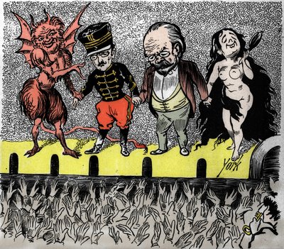 Rehabilitation von Dreyfus: das Fazit, die Protagonisten werden vom Publikum applaudiert. Von links nach rechts, der Teufel, der den Fall leitete, Hauptmann Alfred Dreyfus, Emile Zola und die Nackte Wahrheit. Satirische Vignette von Frederick York