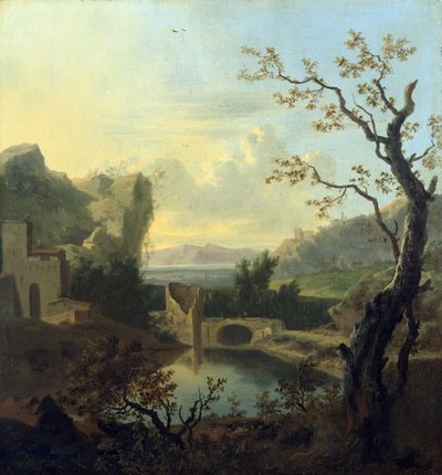 Italienische Landschaft mit einer zerstörten befestigten Brücke von Frederick de Moucheron