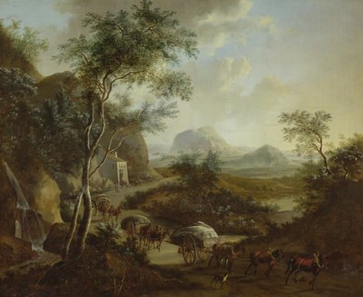Landschaft mit einem Konvoi von Pferden und Wagen von Frederick de Moucheron