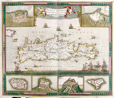 Karte der Insel Kreta mit Ansichten der befestigten Städte La Cane und Heraklion und der Festungen von Spinalonga, Retino, Thine und Souda von Frederick de Wit