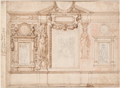 Entwurf für eine Wanddekoration mit eingeklebten Skizzen nach Raphael (verso) von Frederico Zuccaro