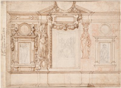 Entwurf für eine Wanddekoration mit eingeklebten Skizzen nach Raphael, ca. 1580er-90er Jahre von Frederico Zuccaro