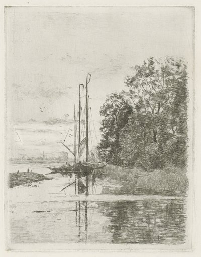 Flusslandschaft mit zwei Schiffen und einem Boot von Fredericus Jacobus van Rossum du Chattel (signed by artist)