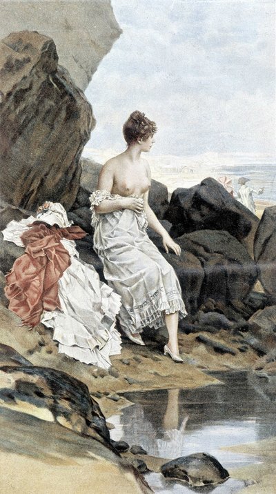 Frau am Meer, die sich versteckt badet - Allegorie des Sommers, Kalender illustriert von Hubert Dys, gemalt von F.H. Kaemmerer von Frederik Hendrik Kaemmerer