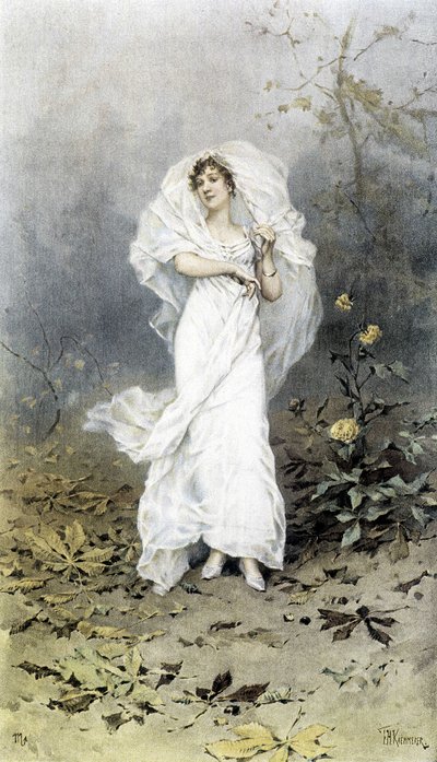 Frau im Wald - Allegorie des Herbstes, Kalender illustriert von Hubert Dys von Frederik Hendrik Kaemmerer