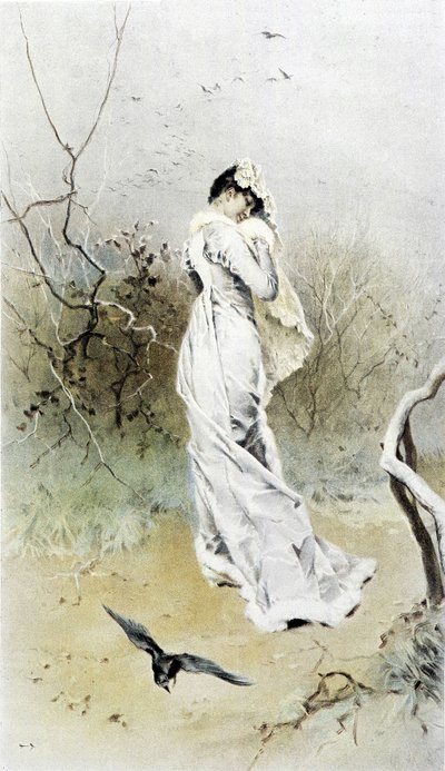 Frau im Wald - Allegorie des Frühwinters, Kalender illustriert von Hubert Dys, gemalt von F.H. Kaemmerer von Frederik Hendrik Kaemmerer