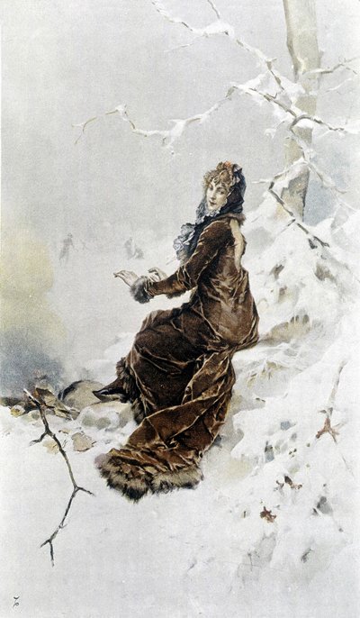 Frau im Schnee: Allegorie des Winters, Kalender illustriert von Hubert Dys, gemalt von F.H. Kaemmerer von Frederik Hendrik Kaemmerer