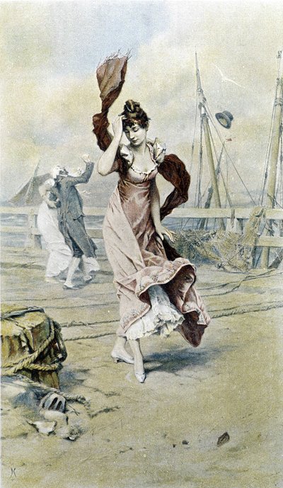 Frau am Meer - Allegorie des frühen Frühlings, Kalender illustriert von Hubert Dys, gemalt von F.H. Kaemmerer von Frederik Hendrik Kaemmerer