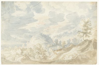 Berglandschaft mit Blick auf ein Tal (der Donau?) und einen Kirchturm von Frederik van Valckenborch