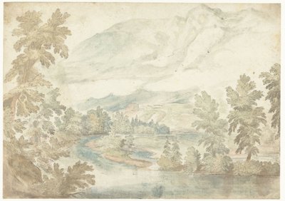 Biegung in einem Fluss, der durch ein Tal mit hohen Bergen fließt von Frederik van Valckenborch