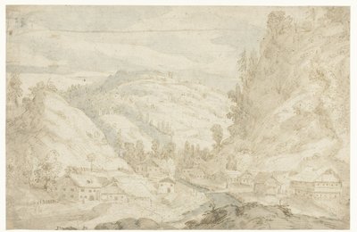 Ansicht eines Tals mit einem Dorf und einem Bergbach (Skizzenbuch) von Frederik van Valckenborch