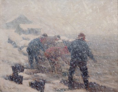 Fischer ziehen das Netz in einem Schneesturm von Fredrik Kolstoe