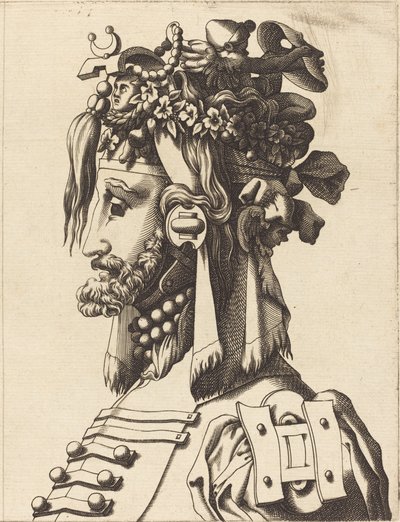 Büste eines Mannes in extravagantem Kostüm von French 16th Century after René Boyvin or Pierre Milan