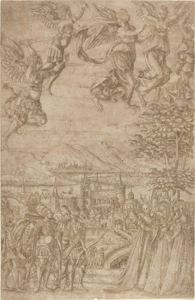 Ein König und sein Gefolge konfrontieren Damen unter einer himmlischen Schlacht von French 17th Century