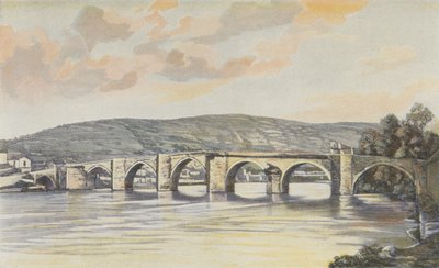 Cahors, Gesamtansicht der Pont Neuf (14. Jahrhundert), Blick flussaufwärts vom rechten Ufer von French Photographer
