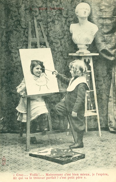 Kinder malen, Mädchen mit Kopf durch Leinwand von French Photographer