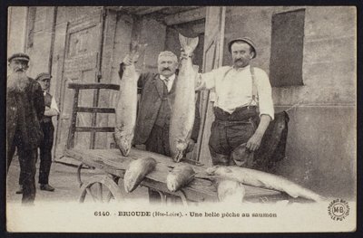 Postkarte, die einen guten Fang von Lachsen in Brioude, Haute-Loire, um 1900 darstellt von French Photographer
