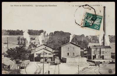 Postkarte, die die Minen von Grosmenil, Kohlesortierung, Haute-Loire, um 1900 darstellt von French Photographer