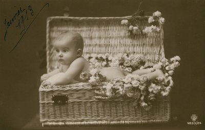 Postkarte eines Babys in einem Weidenkorb mit Blumen, gesendet im Januar 1913 von French Photographer