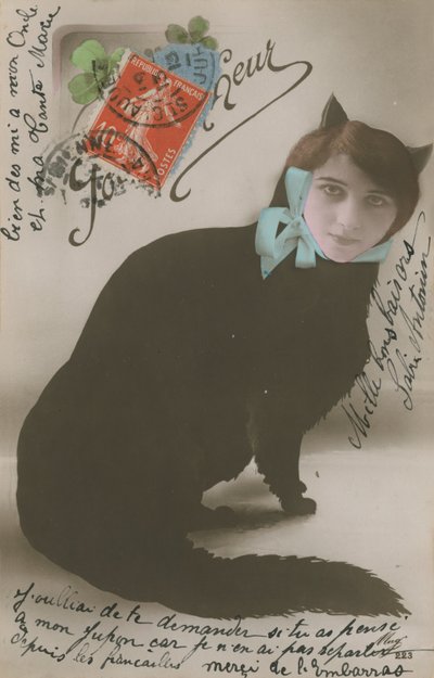 Postkarte einer Katze mit einem Frauenkopf von French Photographer