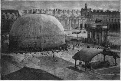 Weltausstellung 1878 in Paris: Aufblasen des gefangenen Ballons von Henri Giffard im Hof der Tuilerien. Gravur in „Le Monde Illustré“ Nr. 1112 vom 20. Juli 1878. von French School