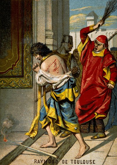 22.06.1209. Raymond VI. Graf von Toulouse, exkommuniziert von Papst Innozenz III. wegen der Nichtverfolgung der Katharer, beschuldigt, der Anstifter des Mordes an Pierre de Castelnau zu sein, leistet ehrbare Buße und wird öffentlich in Saint Gilles gegeiße von French School