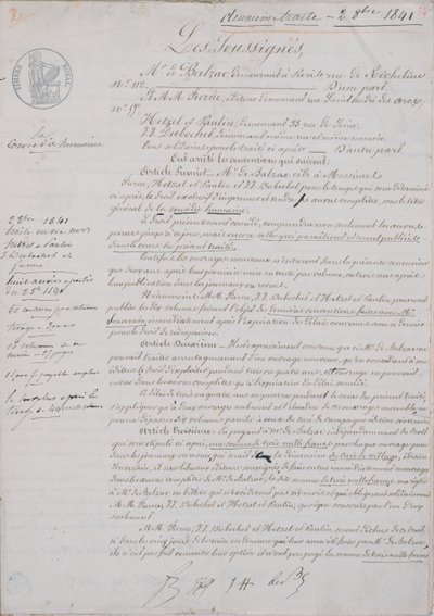 2. Vertragsdokument zur La Comédie Humaine zwischen Honoré de Balzac (1799-1850) und Hetzel, Paulin, Dubochet und dem Verleger Charles Furne, 2. Oktober 1841 von French School