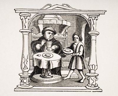 Ein Bürger isst seine Mahlzeit, nach einer Illustration in einem Manuskript aus dem 16. Jahrhundert, aus Le Moyen Age et La Renaissance von Paul Lacroix (1806-84) veröffentlicht 1847 von French School