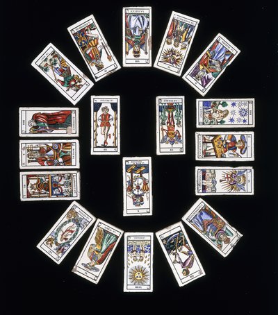 Ein französisches Steinzeugfliesenpaneel, dekoriert mit einem Deck von Marseiller Tarotkarten, 20. Jahrhundert von French School