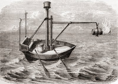 Ein griechisches Feuerschiff, nach einer Zeichnung in einem lateinischen Manuskript aus dem 13. Jahrhundert, aus Les Merveilles de la Science, veröffentlicht um 1870 (Stich) von French School