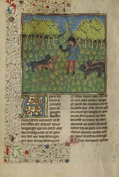 Ein Jäger, der Hunde trainiert, auf das Hornsignal zu reagieren, ca. 1430-40 von French School