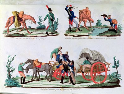 Ein Husar, der Futter trägt, ein Kavallerist und ein Infanterist, der seinen Durst stillt, und eine Militärambulanz von French School