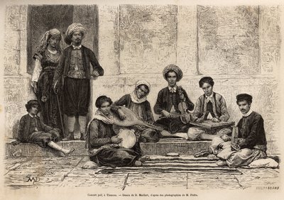 Ein jüdisches Orchester in Tlemcen, bestehend aus 5 Instrumenten: dem Rbab mit 2 Saiten, der Kouistra, einer Art Laute, der Kamendja oder Geige, dem Centihr, einer Art flachem trapezförmigen Kasten, und der Derboucha, einer Art Tamburin aus Ton. von French School