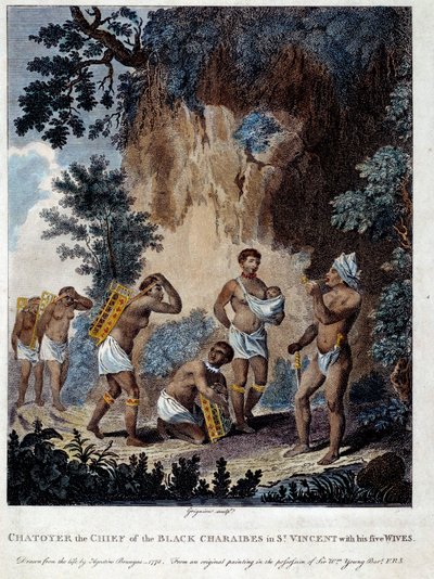 Ein Karibischer Häuptling von der Insel Saint Vincent mit seinen fünf Frauen von French School