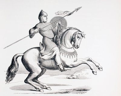 Ein normannischer Ritter in Kettenhemd und Helm mit Speer und Schild von French School