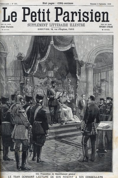 Ein Vorschlag zur allgemeinen Abrüstung (an die europäischen Mächte gerichtet) - Zar Nikolaus II. (1868-1918) liest seinen Erlass seinen Beratern vor. Le Petit Parisien von French School