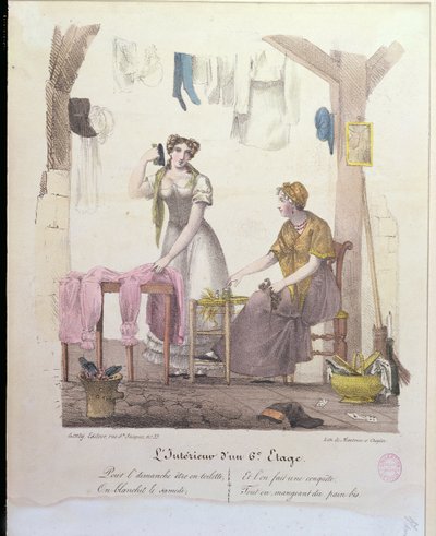 Ein Zimmer im sechsten Stock, graviert von Montoux und Cheyere, 1830 von French School