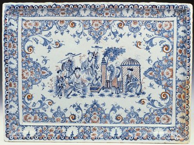 Ein rechteckiges Rouen-Tablett, bemalt in Blau und Eisenrot von French School