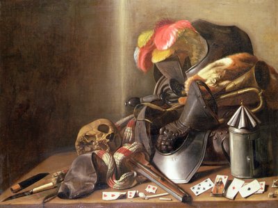 Vanitas-Stillleben mit einem Schädel, Spielkarten und Rüstung von French School