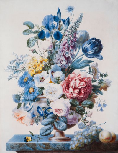 Eine Vase mit Blumen auf einem Sims mit Trauben und Pfirsichen von French School