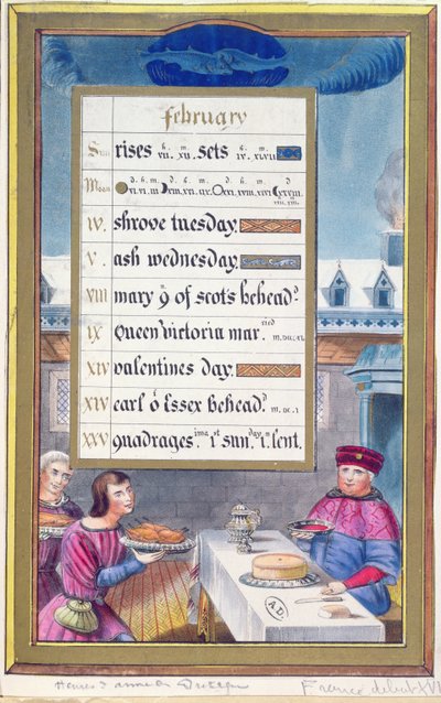 Ein viktorianisches Kalenderblatt für Februar mit einer Illustration aus dem Stundenbuch der Anne de Bretagne (1488-1514) von French School