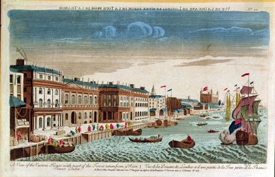 Ansicht des Zollhauses mit einem Teil des Turms, vom Fluss Thames aus gesehen, London, Mitte des 18. Jahrhunderts (Farbgravur) von French School