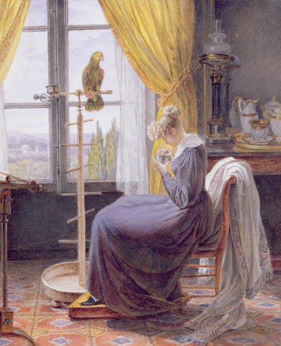 Eine Frau füttert einen Papagei in einem Innenraum, um 1820 von French School