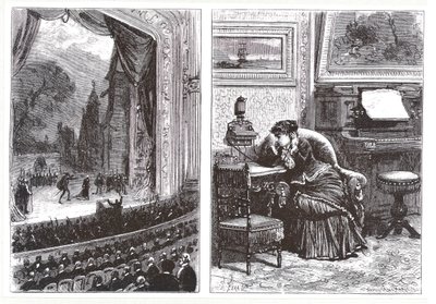 Eine Frau hört eine Opernaufführung in ihrem eigenen Zuhause mittels des Ader-Bell-Telefons und Aders Anordnung zur Musikübertragung, aus Les Nouvelles Conquetes de la Science von Louis Figuier von French School