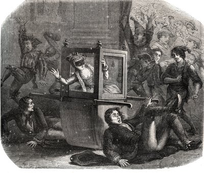 Eine Gruppe von Scherzkeksen hält Marie-Therese Le Vasseur (1721-1801) in einem Karnevalskostüm davon ab, in ihrem Rollstuhl voranzukommen. Sie ist Opfer der Rache eines ihrer ehemaligen Liebhaber. Gravur von 1871 in "Histoire Des Cocus Celebres" von French School