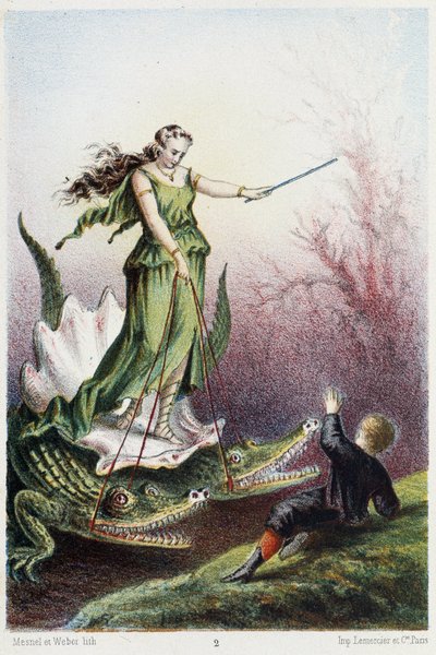 Ein Junge vor einer Frau auf einem von zwei Krokodilen gezogenen Wagen - in „Reise zum Meeresgrund“ von H. de la Blanchère. Paris, ed. Jouvet et Cie, sd. 1880 von French School